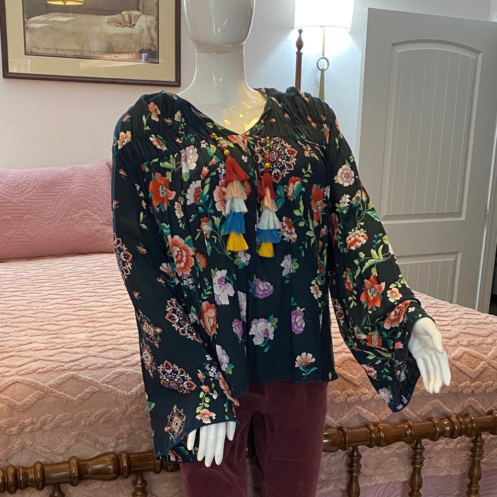 Johnny Was Multicolor Floral Blouse with Tassels